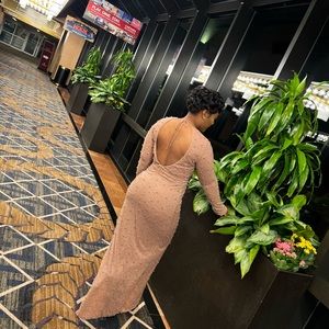 Long Sleeve Embellished Backless Maxi Dress in rose gold